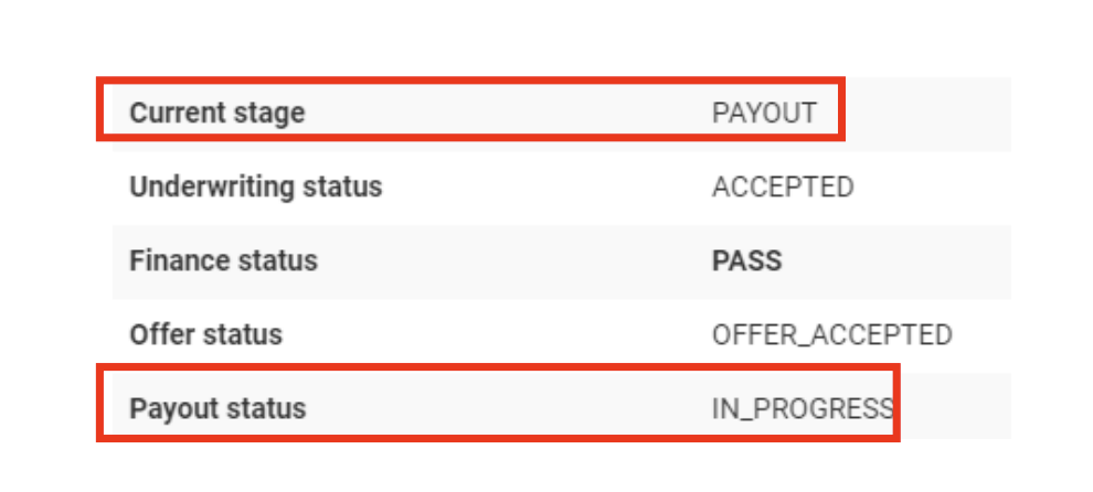 Screenshot of the status having moved to the payout status. The 'current stage' and 'Payout status' lines are highlighted