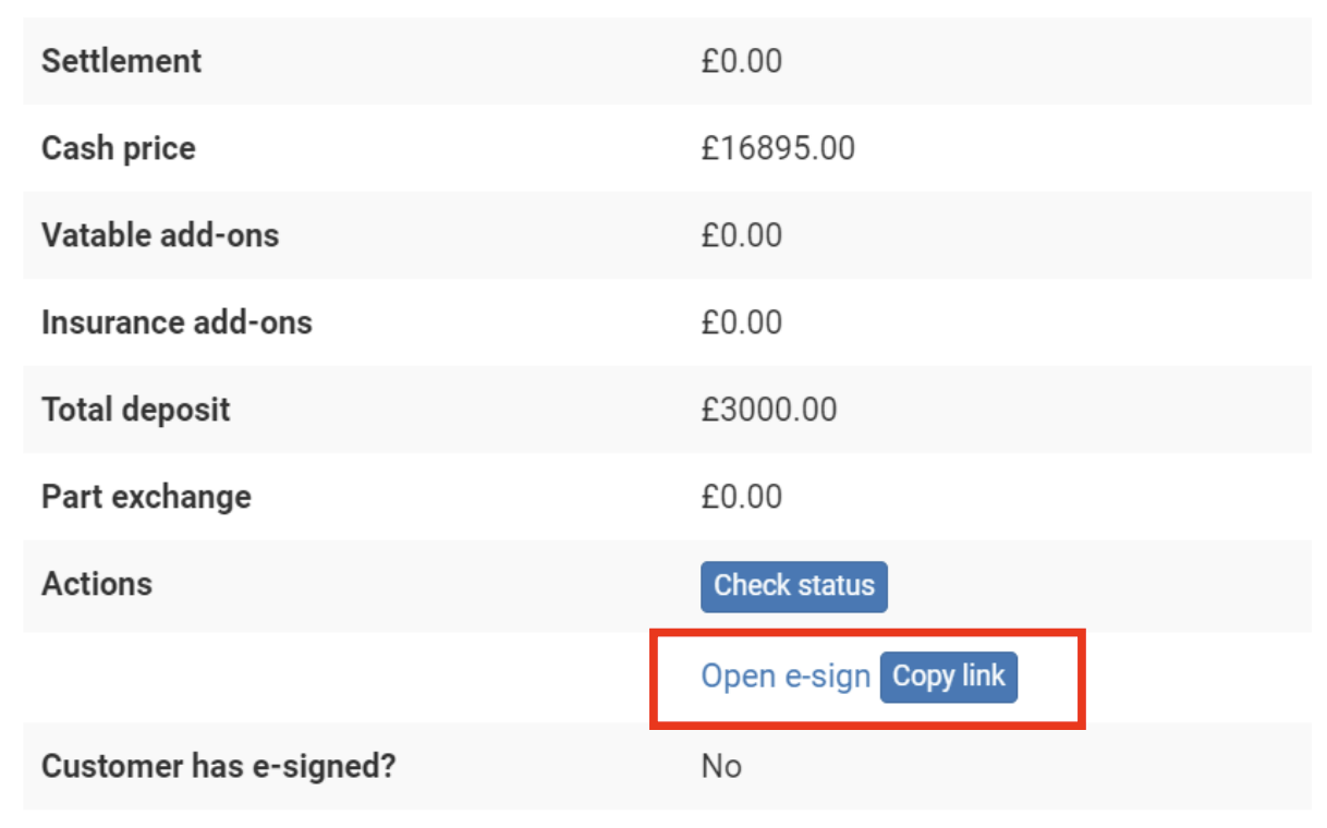 Screenshot of the 'Lender approval response' section with the 'Open e-sign' and 'Copy link' button highlighted by a red square