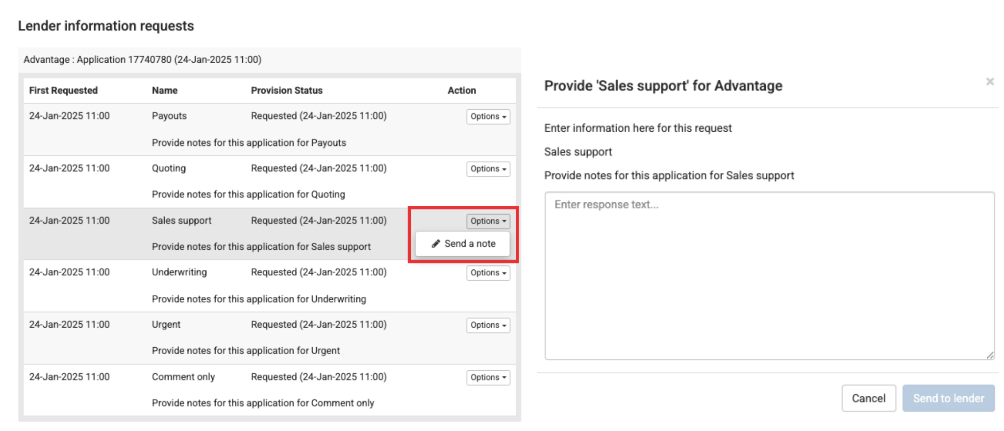 Screenshot of the 'Lender information requests' section with the 'options' button and send a note option highlighted, alongside a screenshot of the box that pops up