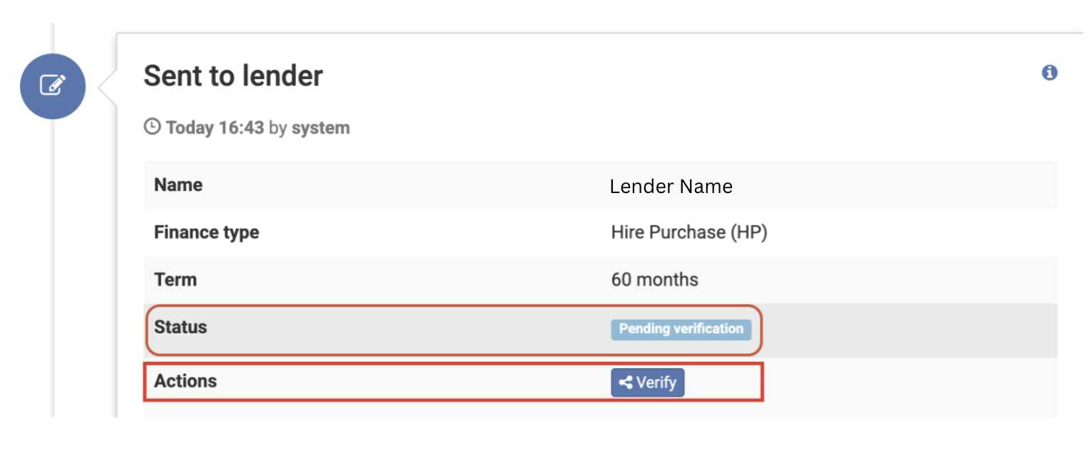 Screenshot of the 'Sent to lender' update in the activity feed with the 'Status' and 'Actions' lines highlighted