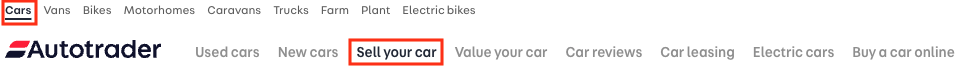 Screenshot of the Autotrader website header menu. Cars and then sell your car are highlighted