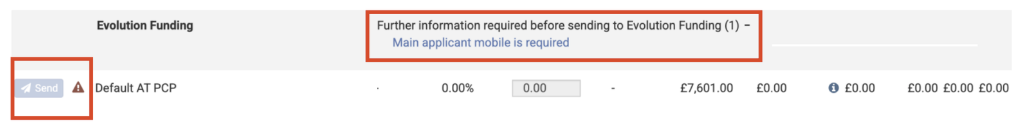 Screenshot highlighting the unavailable 'Send' button, which is unavailable because of the further information needed, which is also highlighted by a red square outline.