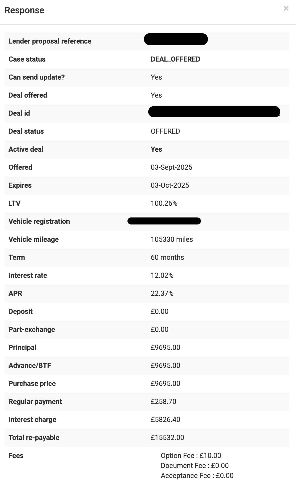 Screenshot showing the 'Response' section of the application