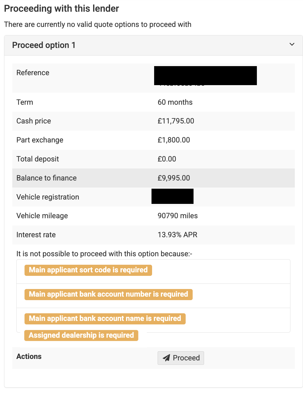 Screenshot showing the 'Proceeding with this lender' section and the 'Proceed' button unavailable for selection