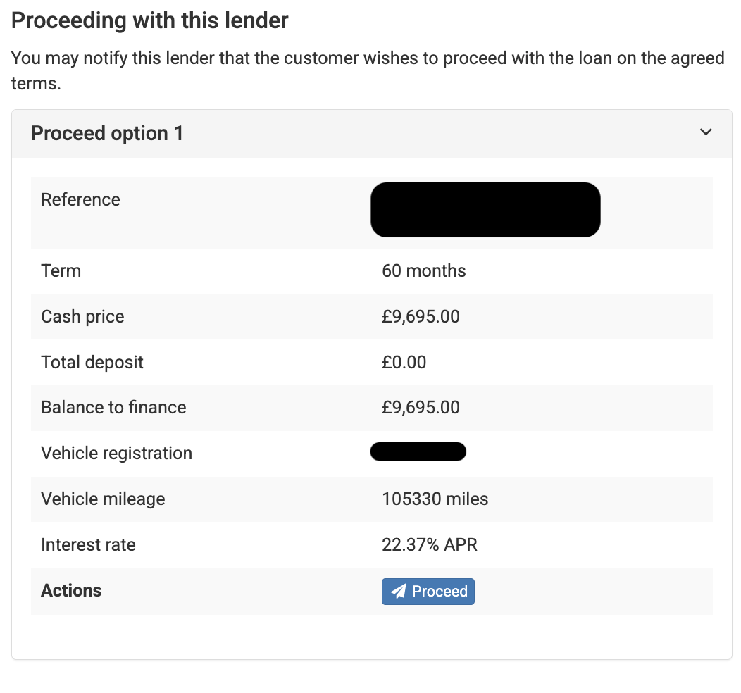 Screenshot showing the 'Proceeding with this lender' section and the 'Proceed' button available for selection