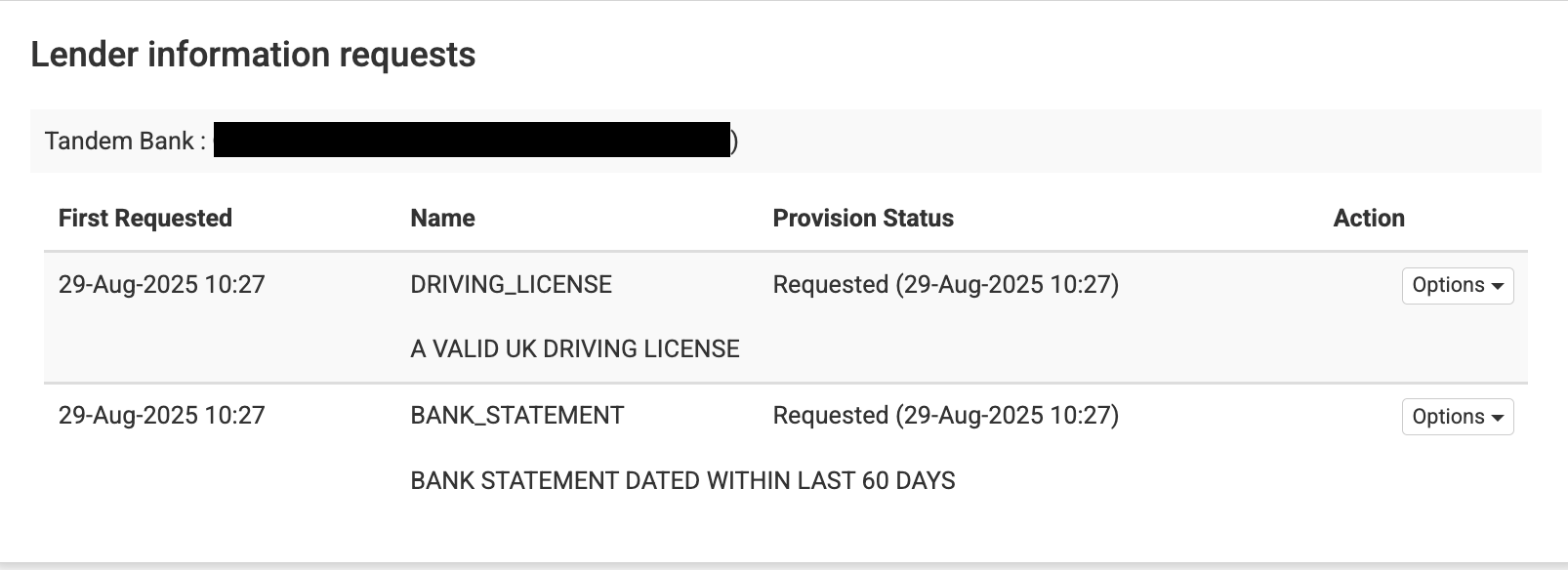 Screenshot showing the 'Lender information requests' section and information requests