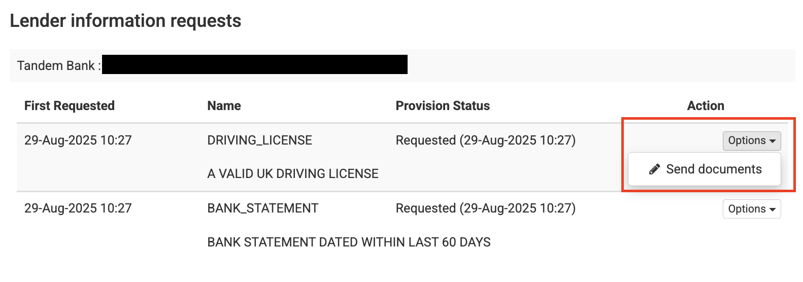 Screenshot showing the 'Options' drop down selected and the 'Send documents' option available