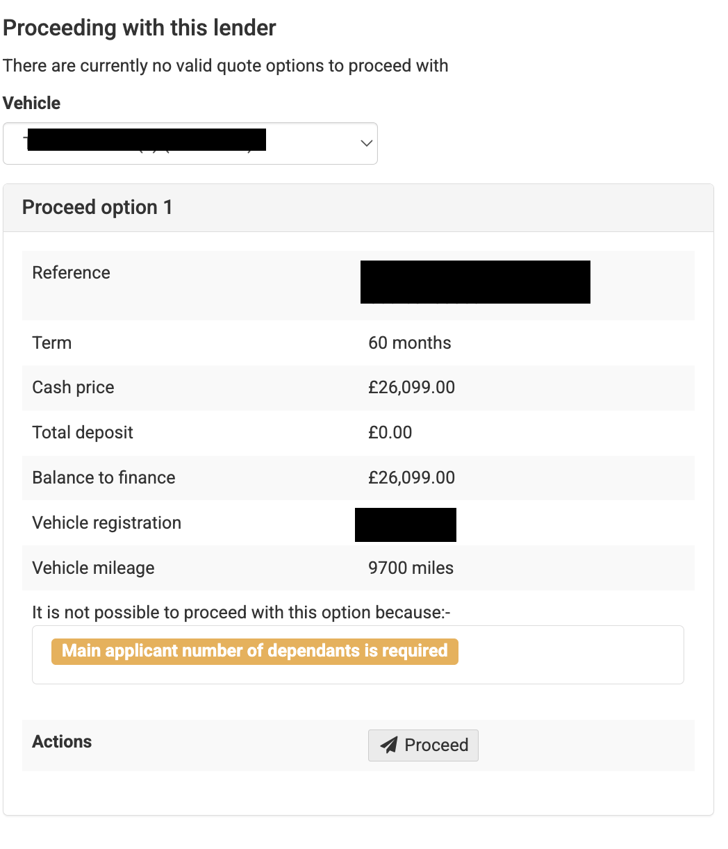 Screenshot of the 'Proceeding with this lender' section
