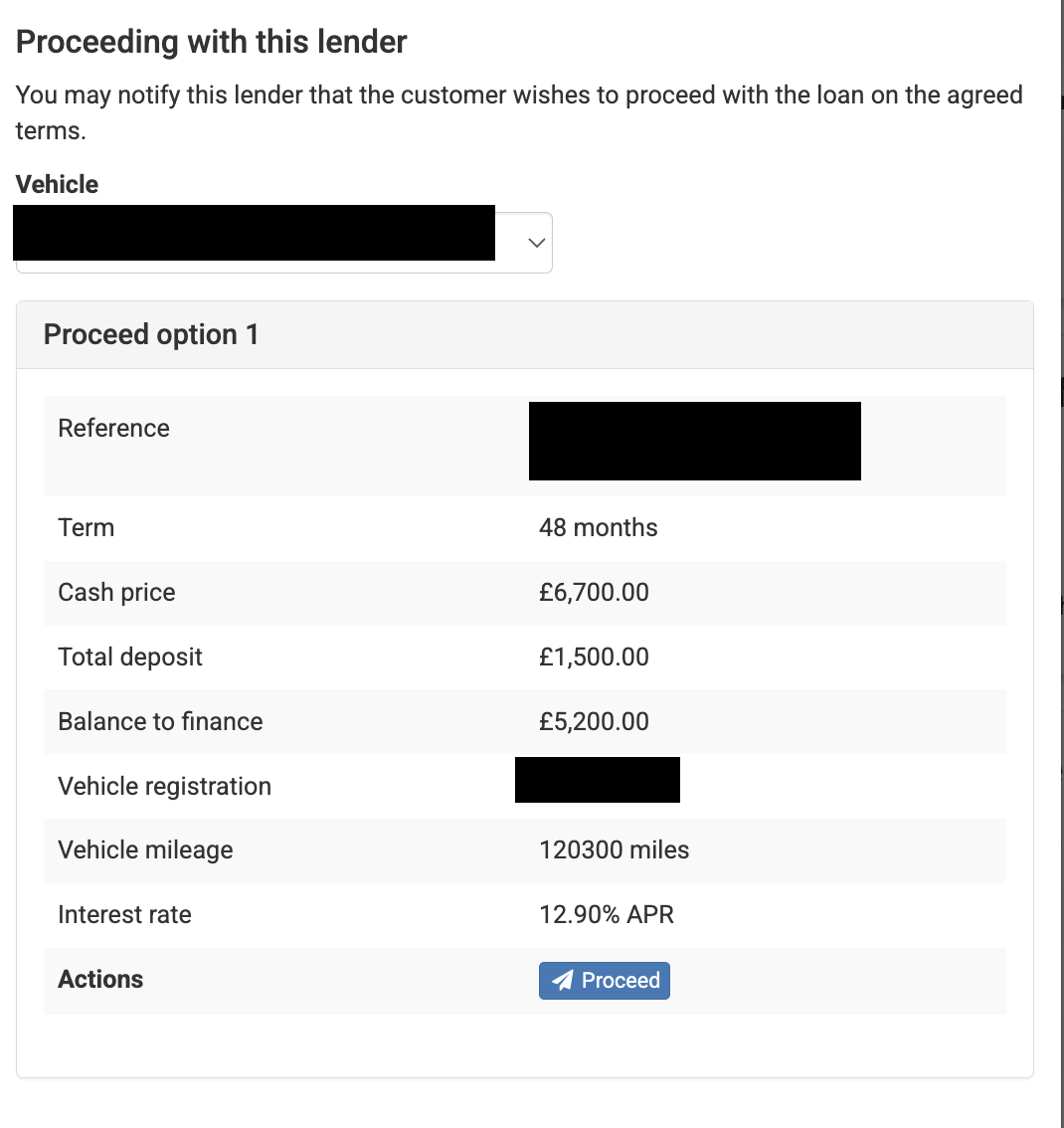 Screenshot of the 'Proceeding with this lender' section
