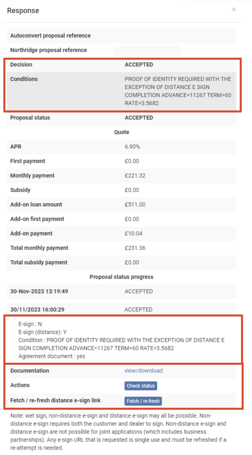 Screenshot of the 'Response' section with the 'Decision' and 'Proposal status progress' areas highlighted