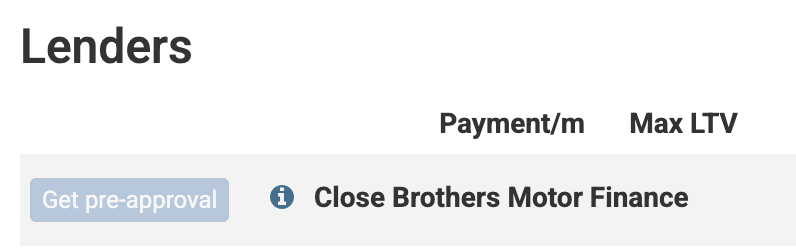 Screenshot of the lenders section with the 'Ger pre-approval' button greyed out and the (i) Icon next to it