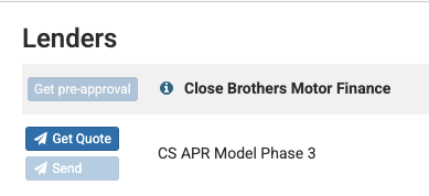Screenshot of the Lenders section with the 'Get pre-approval' and 'Send' buttons greyed out and the 'Get Quote' button blue and able to be selected