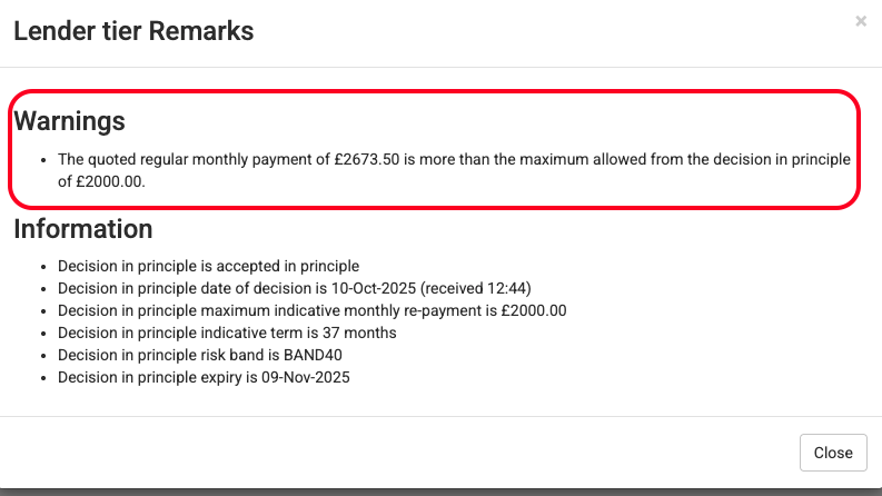 Screenshot of the Lender tier remarks warnings and information