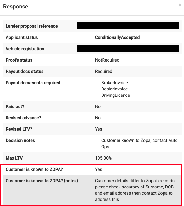Screenshot showing the 'Response' section with the 'Customer is known to ZOPA' section highlighted