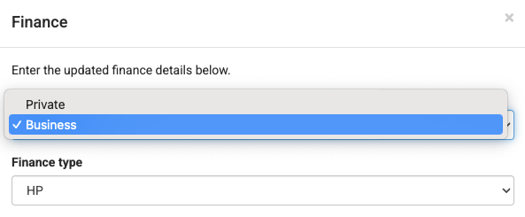 Screenshot showing the finance section of the application and the business option ticked