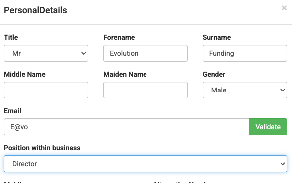 Screenshot showing the personal details filled out
