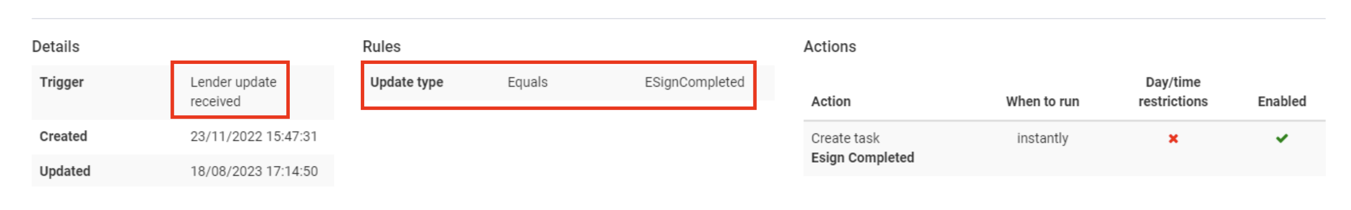 Screenshot showing the 'Trigger' 'Rules' and 'Actions' sections.
