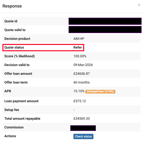 Screenshot showing where the quote status is in the response section on AutoConvert