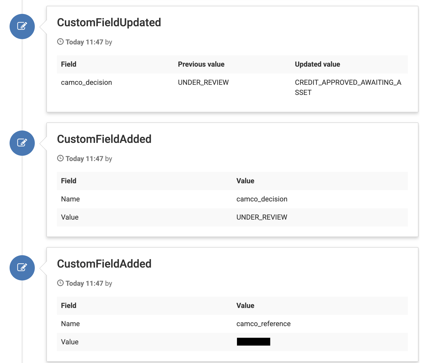 Screenshot of an example of an activity feed showing the CustomFieldUpdated activity