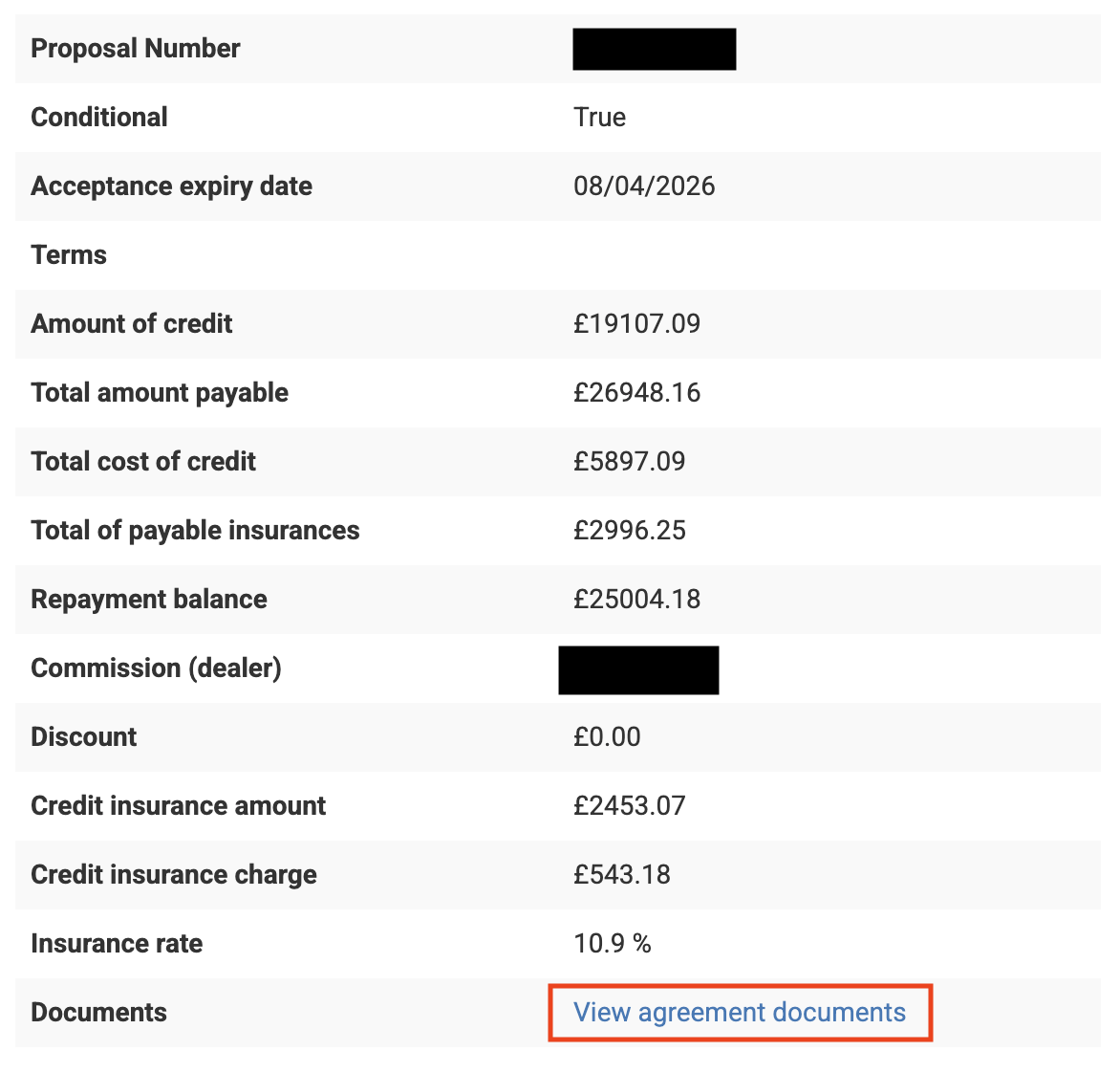 Screenshot showing the 'View agreement documents' link