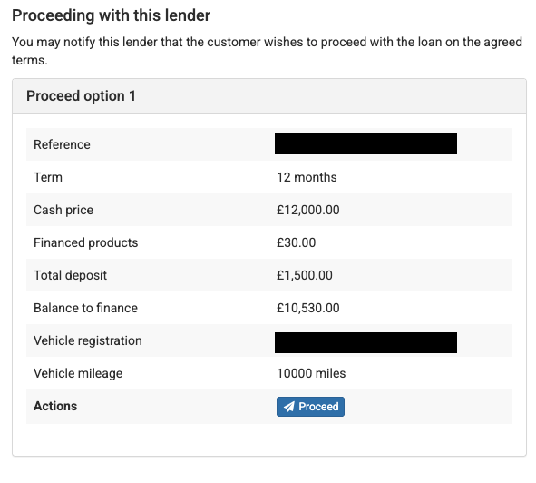 A screenshotted example of the 'Proceeding with this lender' section of Autoconvert