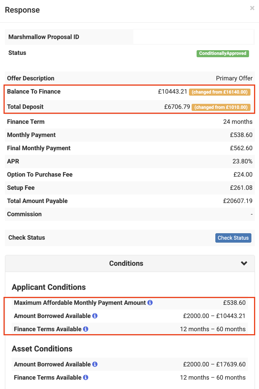 Screenshot of the response section showing example 'Balance to Finance' and 'Total deposit' numbers along with where the 'Applicant conditions' are and what these look like