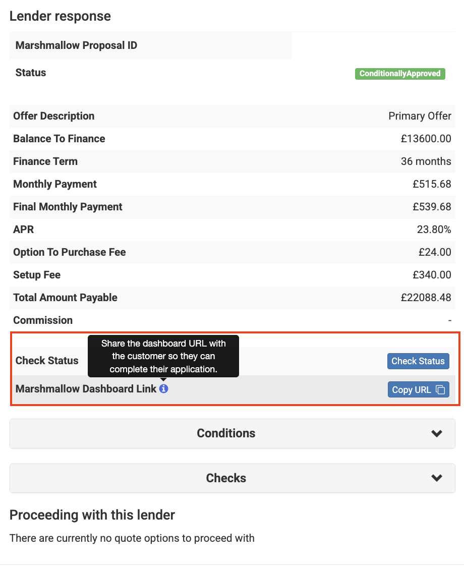 Screenshot of the 'Lender response' section