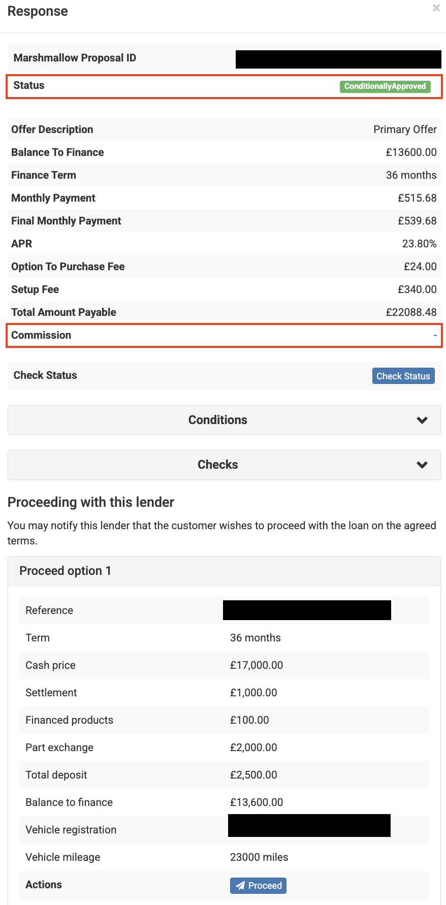 Screenshot of the 'Response' section showing the status highlighted as 'conditionallyApproved' and where the commission shows