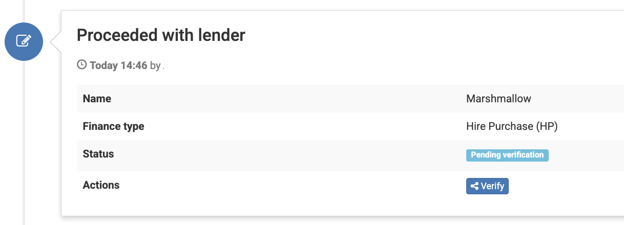 Screenshot of the 'Proceeded with lender' section