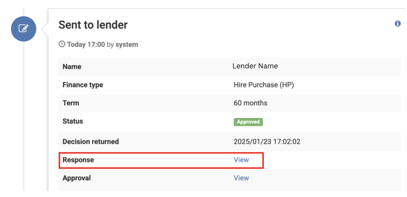 A screenshot of the 'Sent to lender' section in the activity feed with a red square outline highlighting the 'View' link