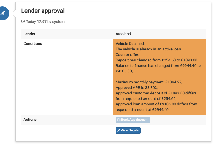 Screenshot of the 'Lender approval' and the 'Conditions' section