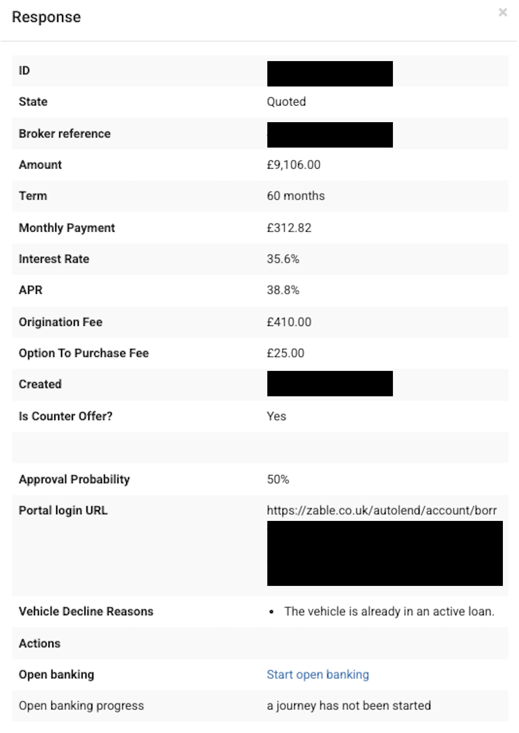 Screenshot example of the 'Response' section of the application