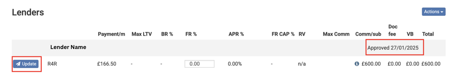 Screenshot of the 'Lenders' section with the 'Approved' timestamp and 'Update' button highlighted