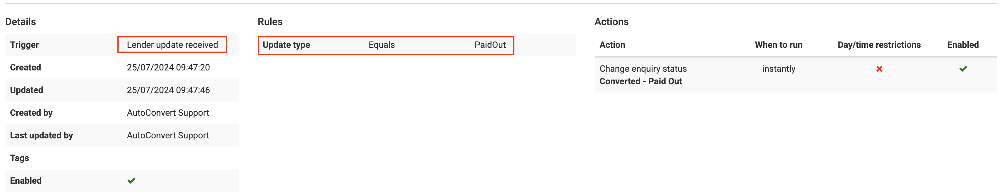 Screenshot showing the lender update recieved