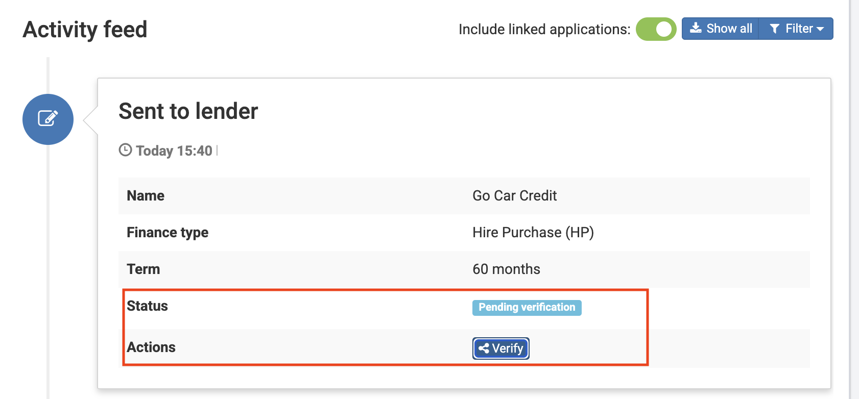Screenshot showing where the 'verify' button is on the activity feed