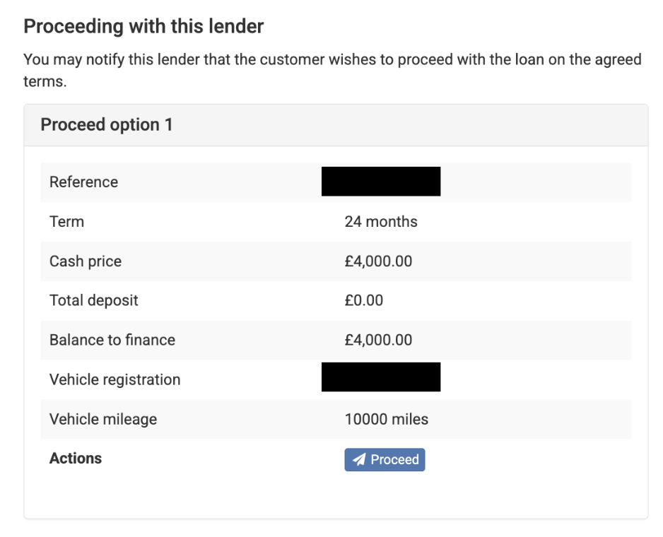 Screenshot of the proceeding with this lender section
