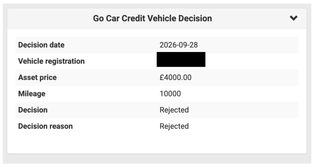 Screen shot of the vehicle decision section