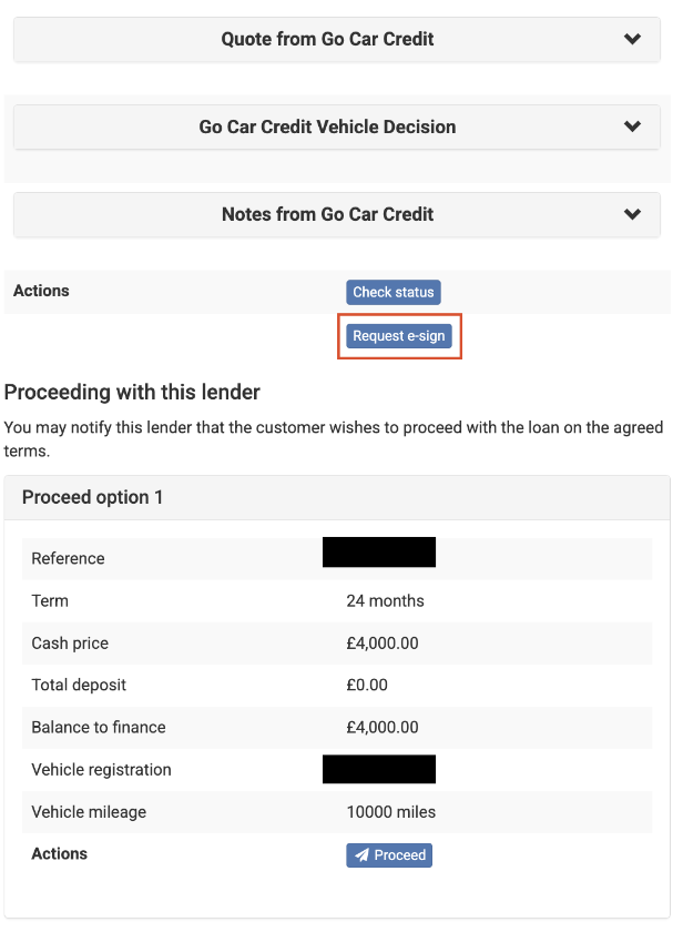 Screenshot of the proceeding withe this lender section and where the request e-sign button is
